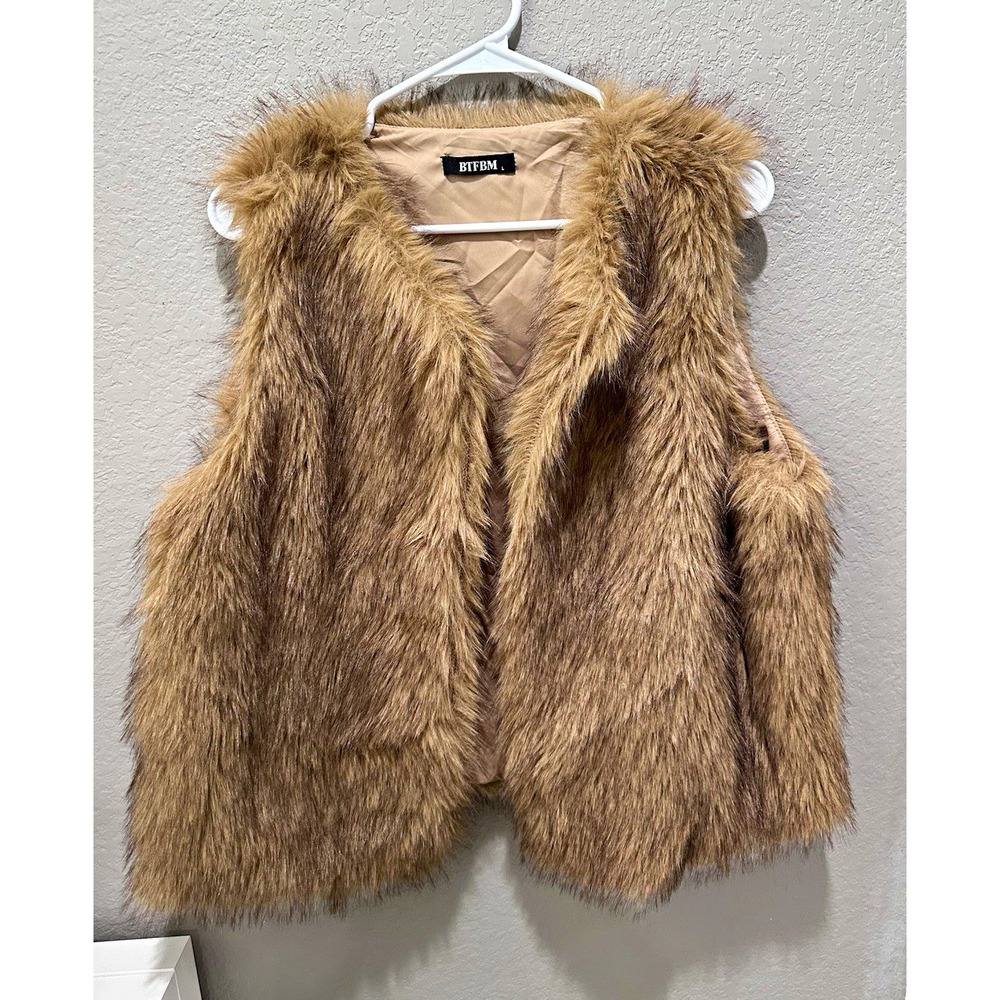 BTFBM Women's Brown Faux Fur Open Front Lined Jacket Long Sleeve Size L Short